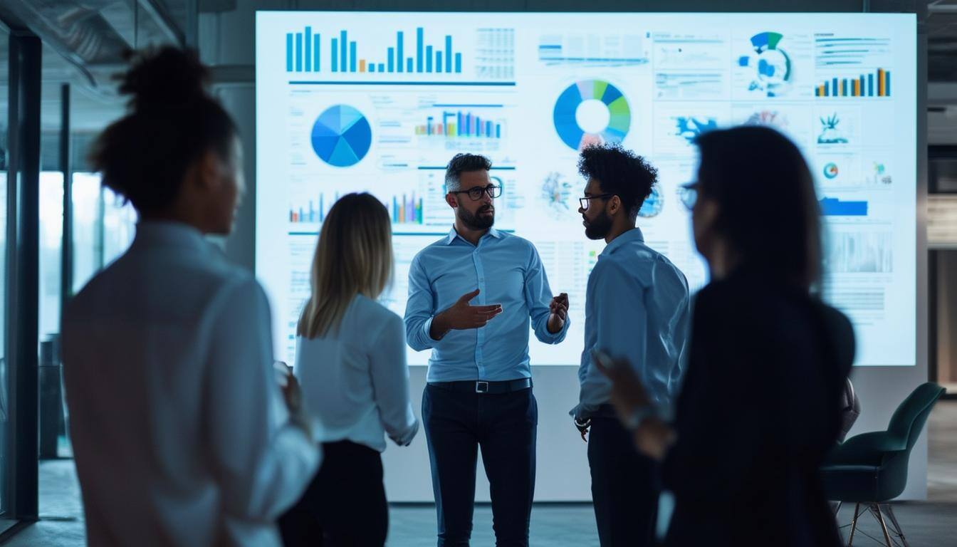 A small group of business people discussing data that is projected on the wall in front of them A small group of business people discussing data that is projected on the wall in front of them