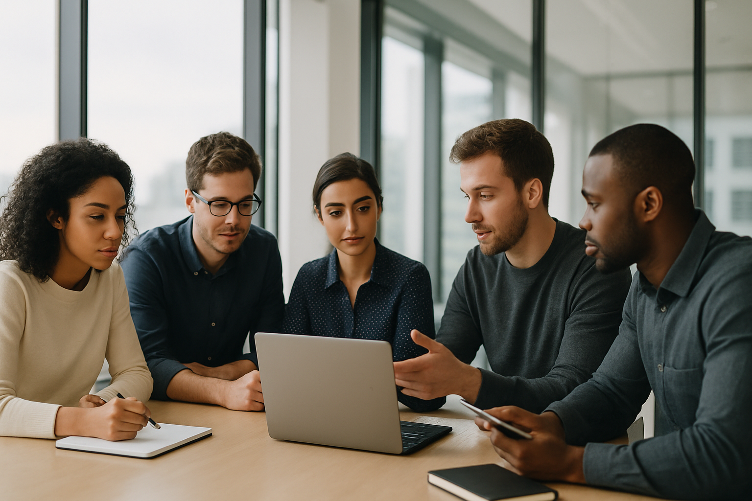 Photorealistic wide 169 hero image for a professional services website A diverse group of five to six young professionals collaborates around a modern conference table in a bright glasswalled office Natural daylight from large windows soft and even l-3